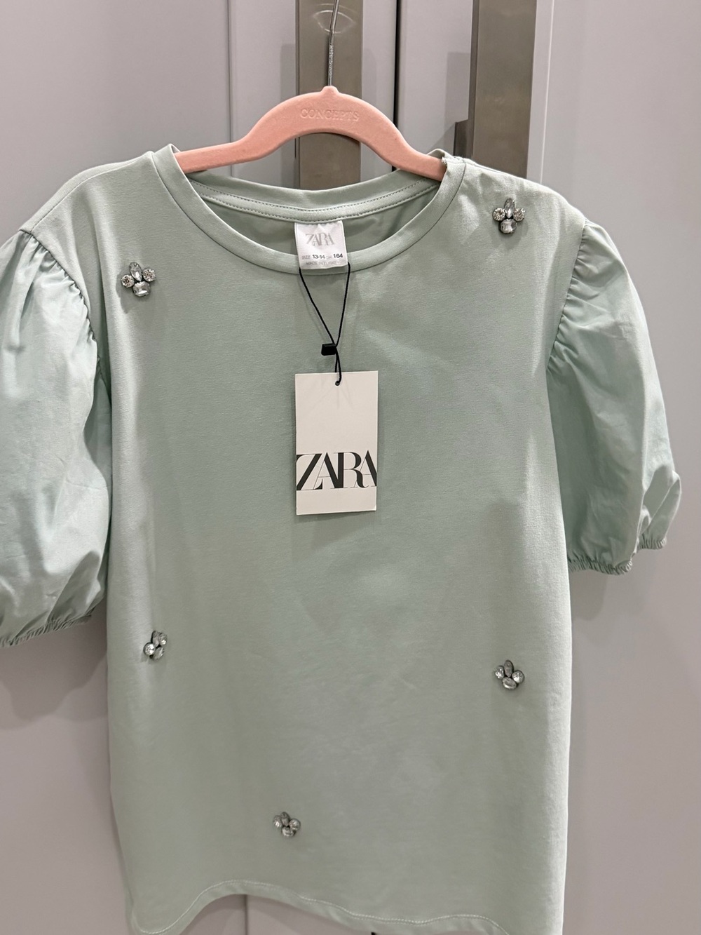Zara Mint Green Puff Sleeve Tee with Crystal Flower Appliqués